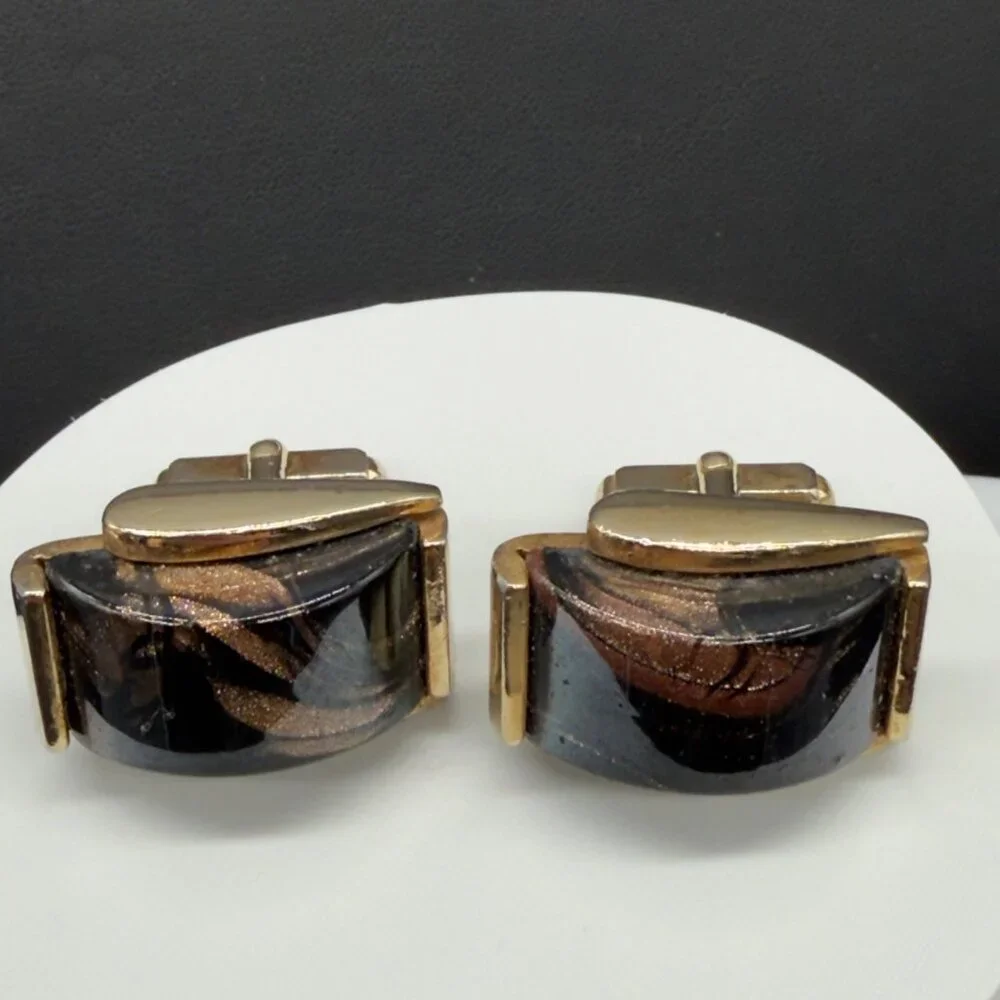 Vintage Gold Tone Black Bronze Swirl Glass Cufflinks Metallic Accents